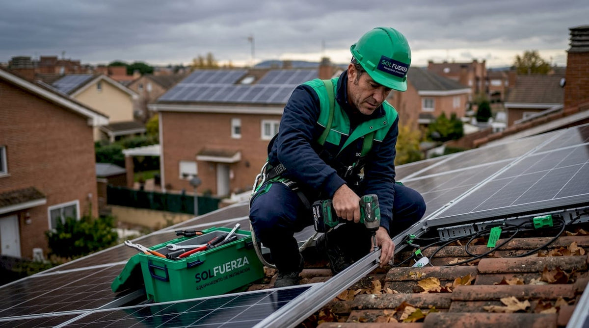 Técnico revisando y ajustando un panel solar en el tejado