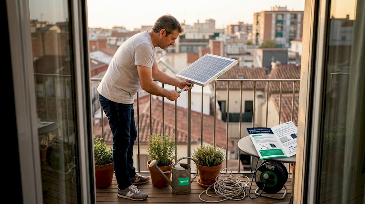 Un hombre coloca un pequeño panel solar en el balcón de su piso.