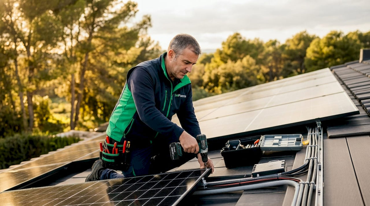 Un hombre coloca paneles solares en el tejado de su vivienda