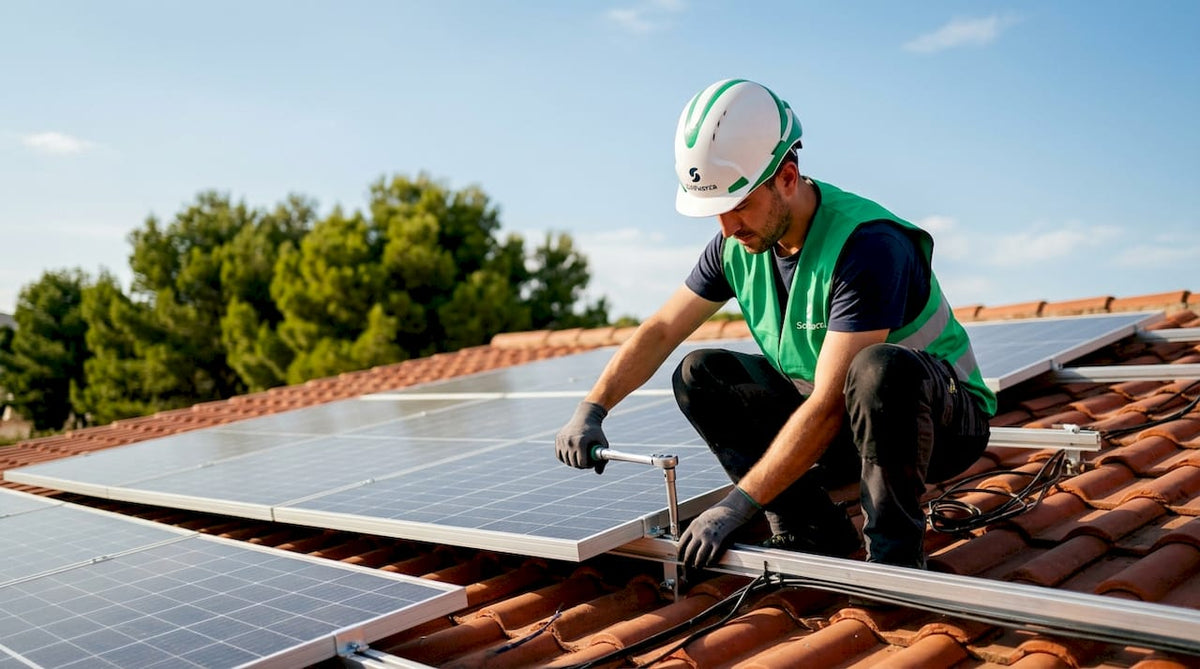 Técnico instalando un panel solar en el tejado de una vivienda