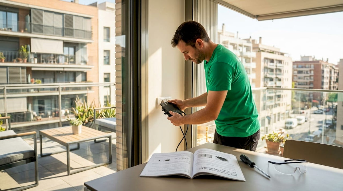 Especialista instalando un sistema solar listo para usar en una vivienda