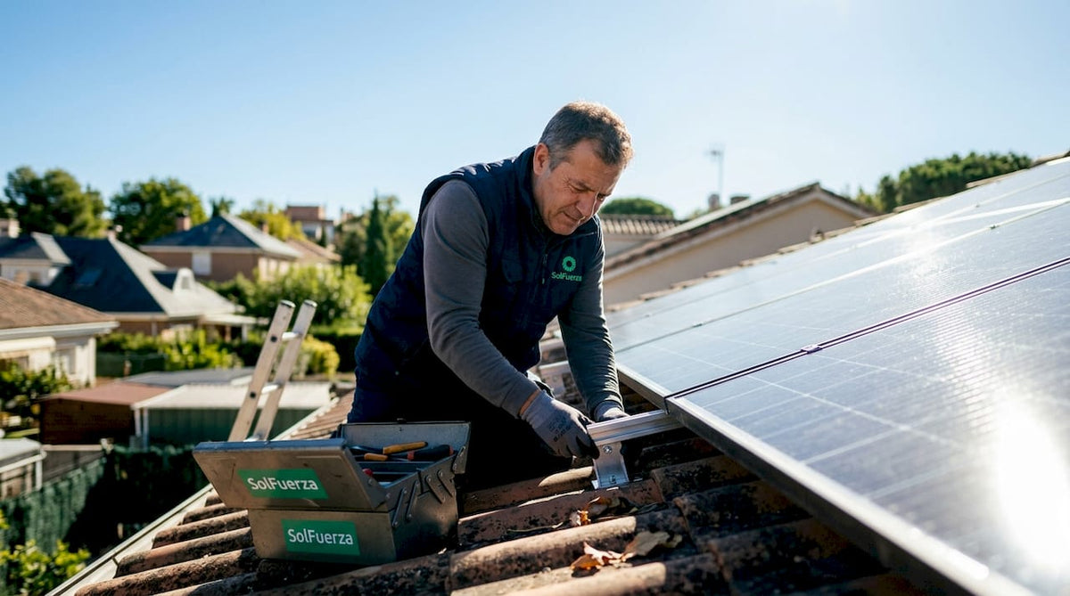 Propietario revisando el estado de los paneles solares en su tejado