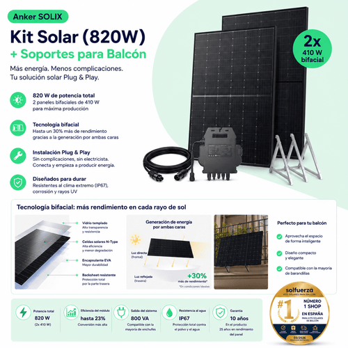 Anker SOLIX Kit Solar (820W) + Soportes para Balcón | Plug & Play