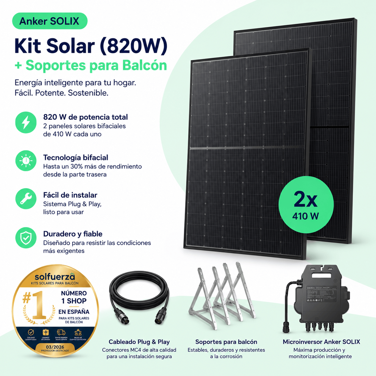 Anker SOLIX Kit Solar (820W) + Soportes para Balcón | Plug & Play