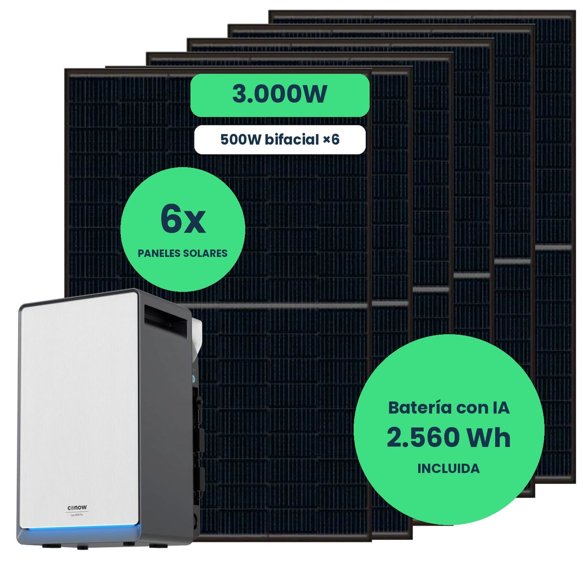 Kit Solar 3000W con batería Conow Lyra 2500 Pro y 6 paneles solares Jolywood 500W