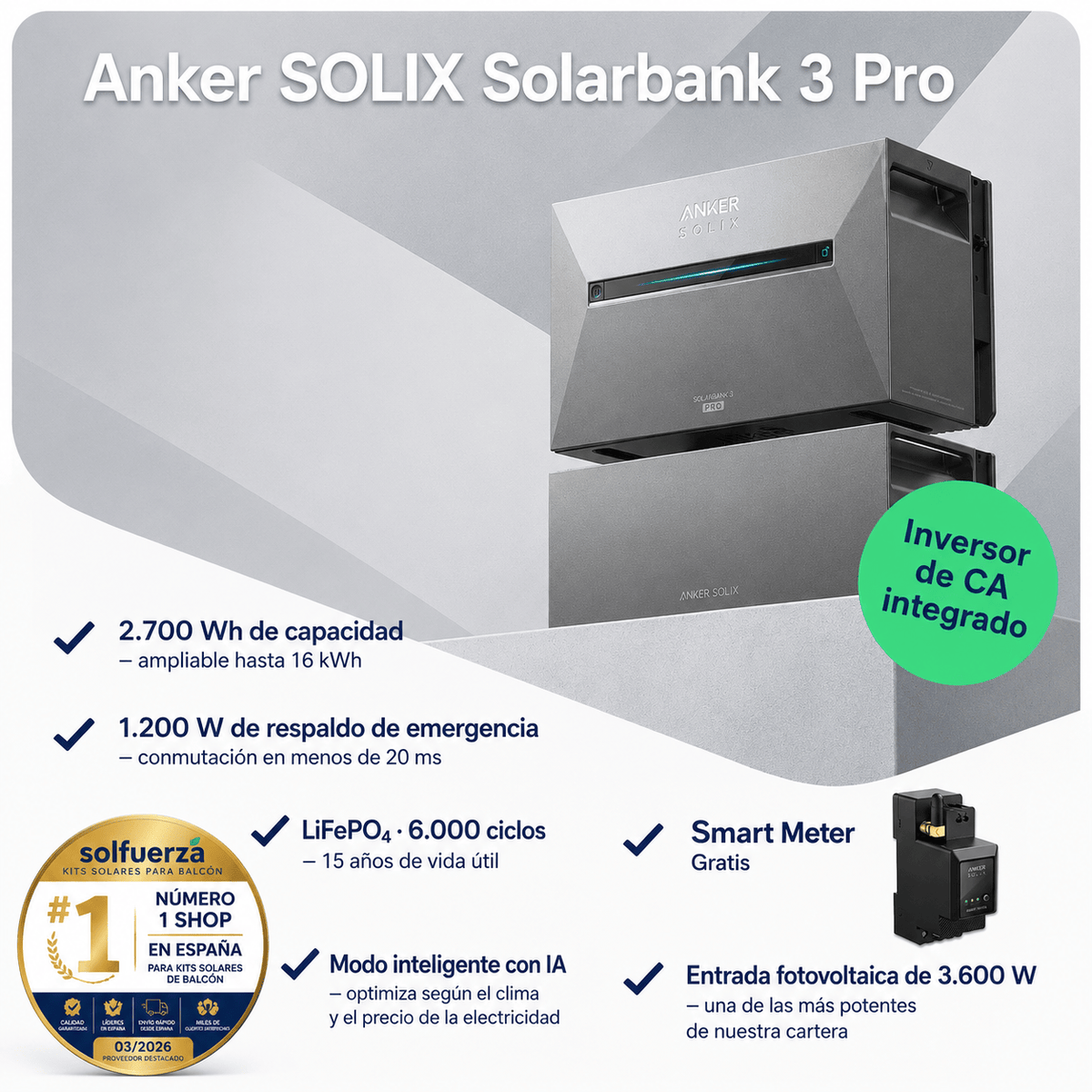 Anker SOLIX Solarbank 3 Pro vista frontal – Sistema solar balcón Plug and Play